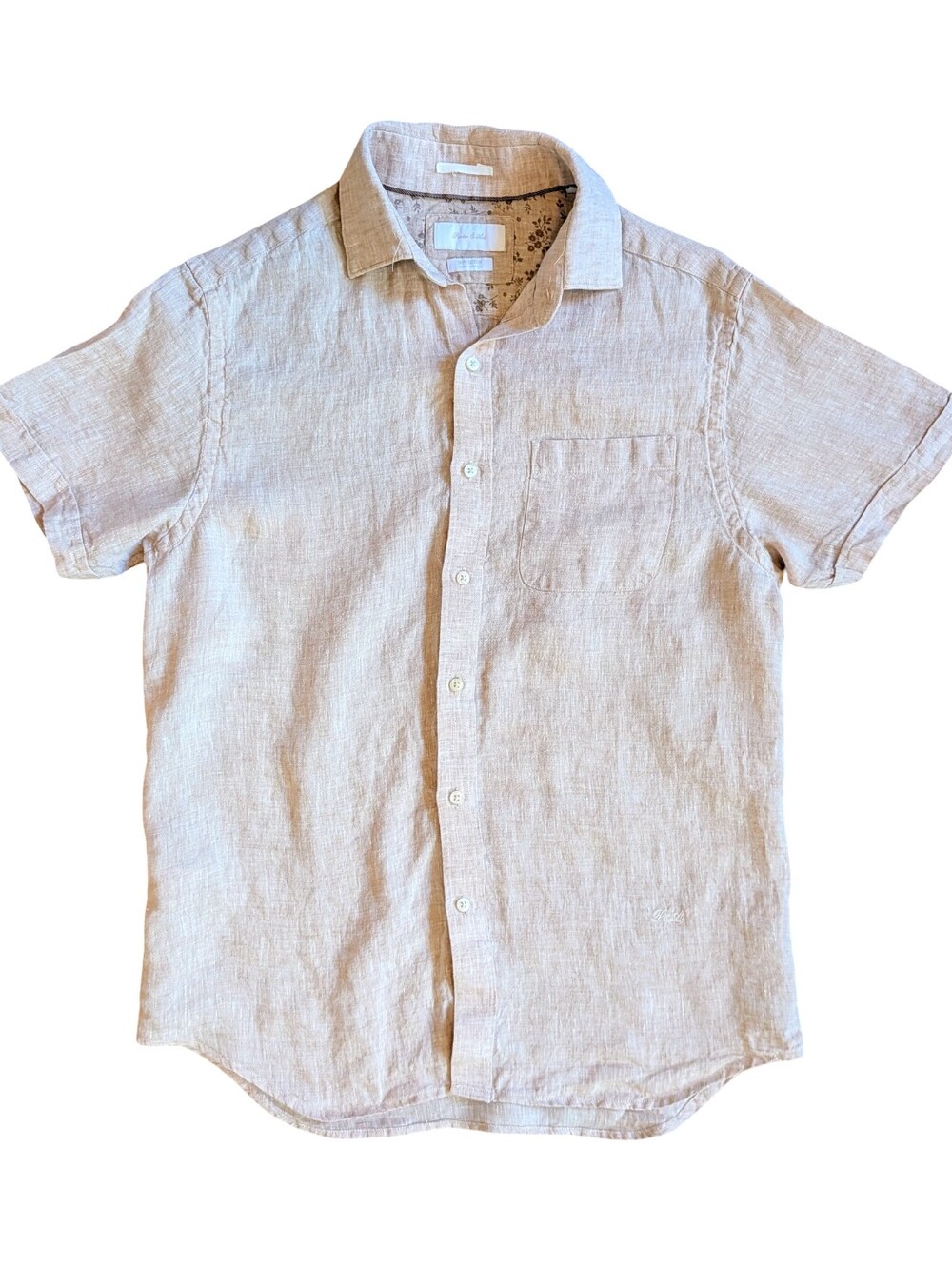 Porter & Ash 100% Linen Natural Beige Button Up Short Sleeve Shirt Small Resort